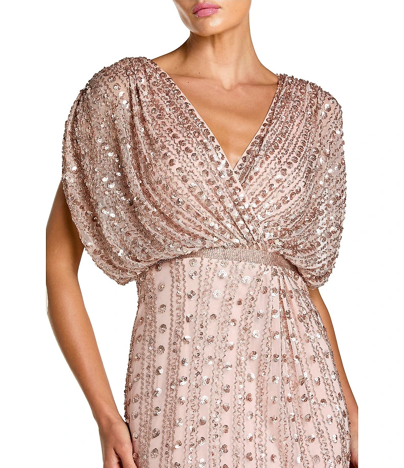 Mac Duggal Beaded Mesh Blouson V Neck Gown