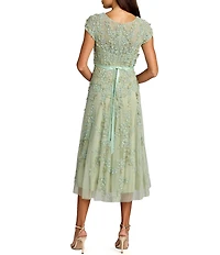 Mac Duggal Beaded Mesh Cap Sleeve A Line Cocktail Midi Dress