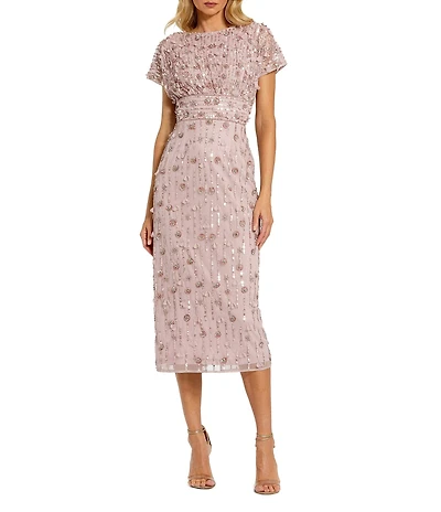 Mac Duggal Beaded Mesh Cap Sleeve Column Midi Dress