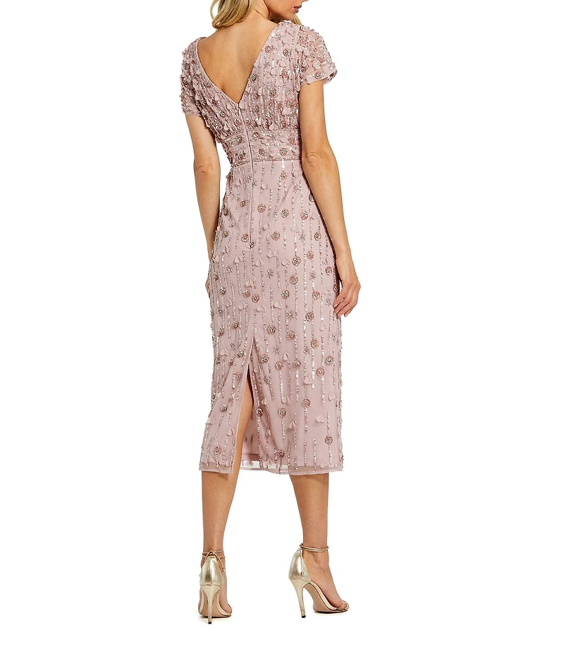 Mac Duggal Beaded Mesh Cap Sleeve Column Midi Dress