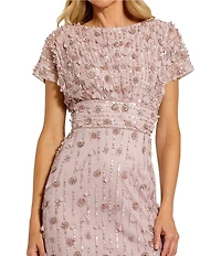 Mac Duggal Beaded Mesh Cap Sleeve Column Midi Dress