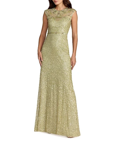 Mac Duggal Beaded Mesh Cap Sleeve High Neck Column Gown