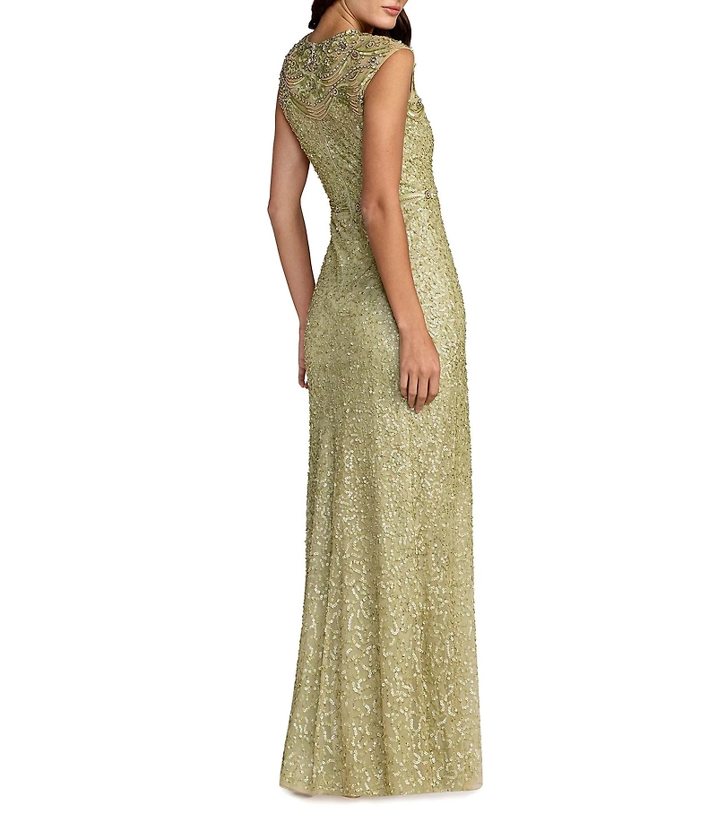 Mac Duggal Beaded Mesh Cap Sleeve High Neck Column Gown