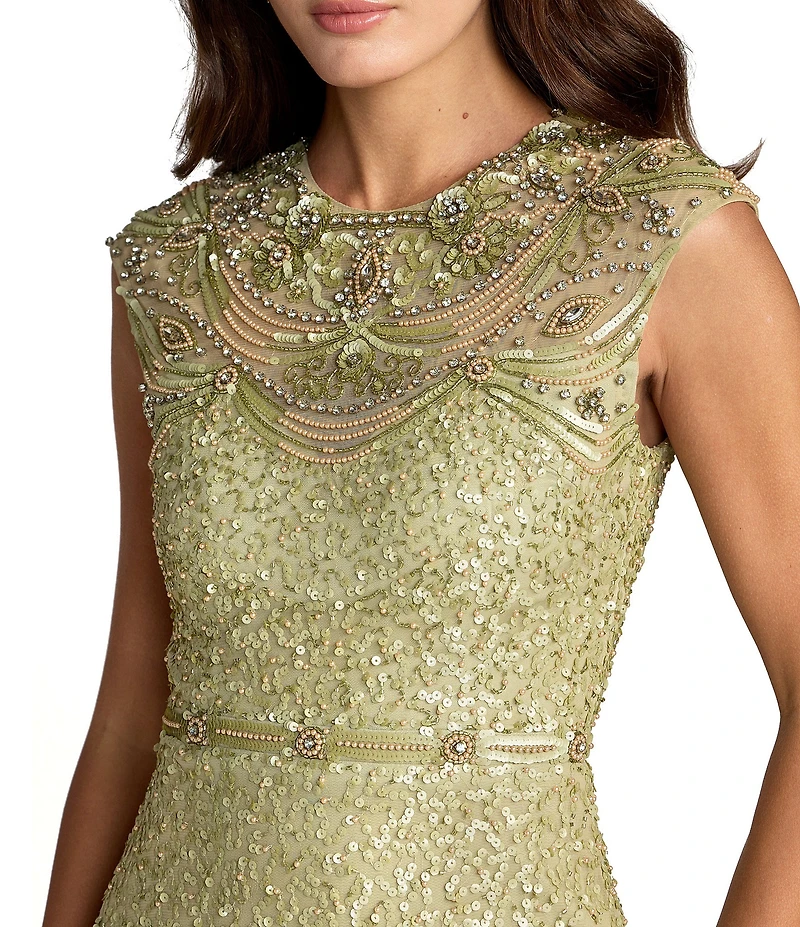 Mac Duggal Beaded Mesh Cap Sleeve High Neck Column Gown
