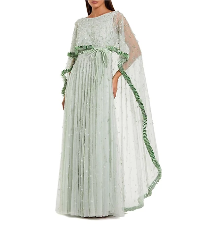 Mac Duggal Beaded Mesh Cape Sleeve Gown