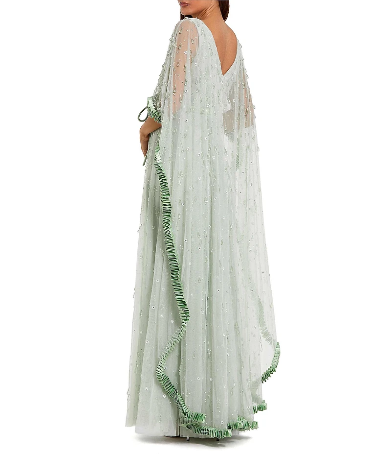 Mac Duggal Beaded Mesh Cape Sleeve Gown