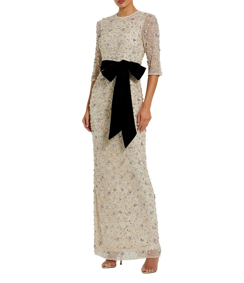 Mac Duggal Beaded Mesh Crew Neck 3/4 Sleeve Bow Belt Gown
