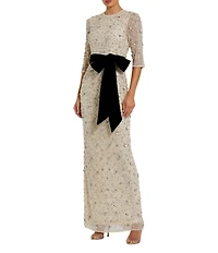 Mac Duggal Beaded Mesh Crew Neck 3/4 Sleeve Bow Belt Gown