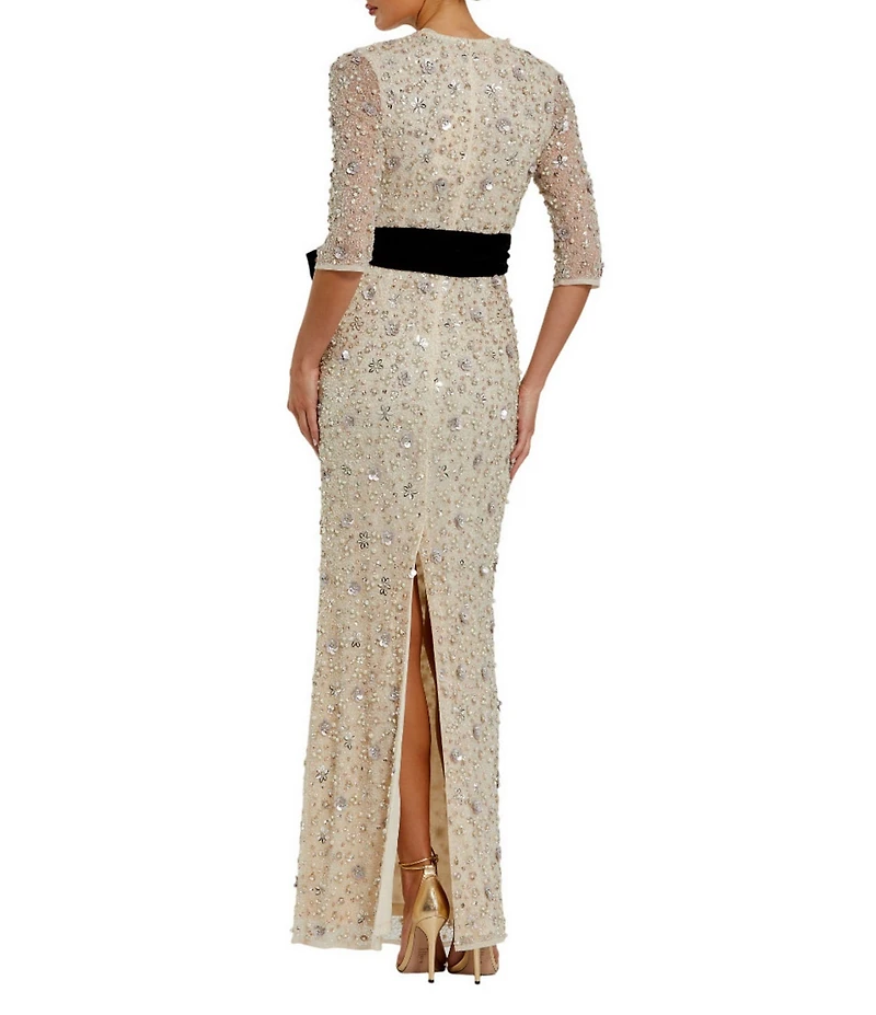 Mac Duggal Beaded Mesh Crew Neck 3/4 Sleeve Bow Belt Gown