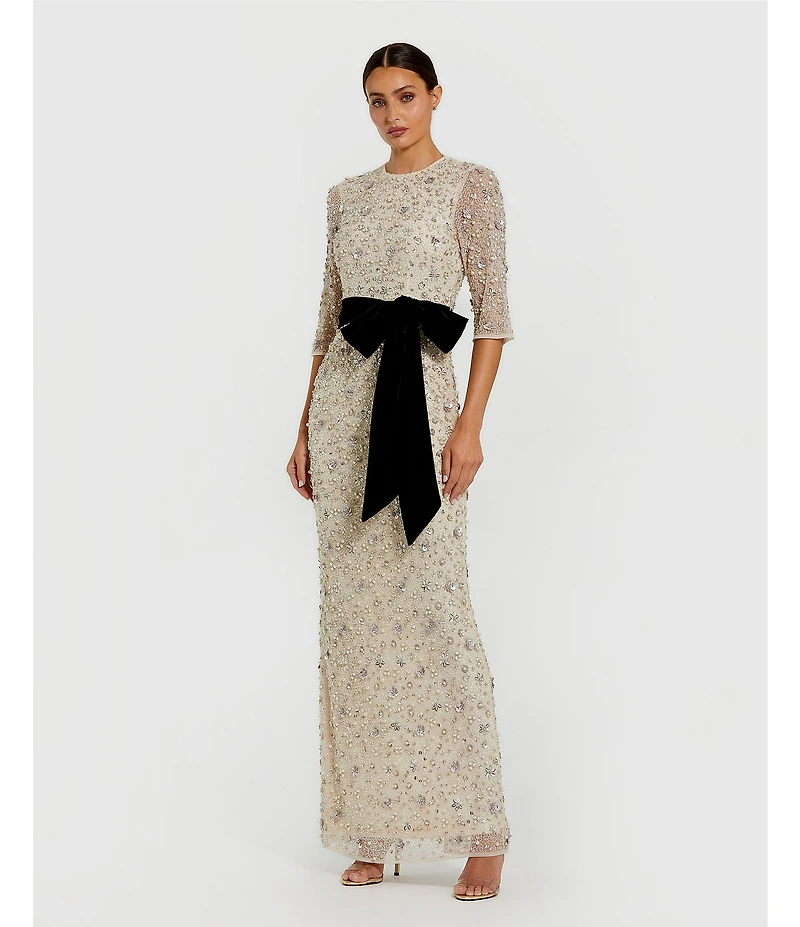 Mac Duggal Beaded Mesh Crew Neck 3/4 Sleeve Bow Belt Gown