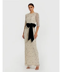 Mac Duggal Beaded Mesh Crew Neck 3/4 Sleeve Bow Belt Gown