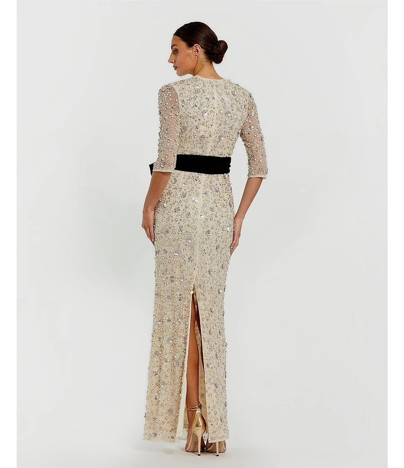 Mac Duggal Beaded Mesh Crew Neck 3/4 Sleeve Bow Belt Gown