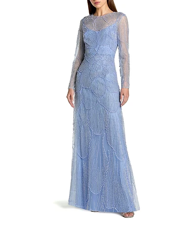 Mac Duggal Beaded Mesh High Neck Long Sleeve A Line Maxi Dress