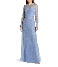 Mac Duggal Beaded Mesh High Neck Long Sleeve A Line Maxi Dress