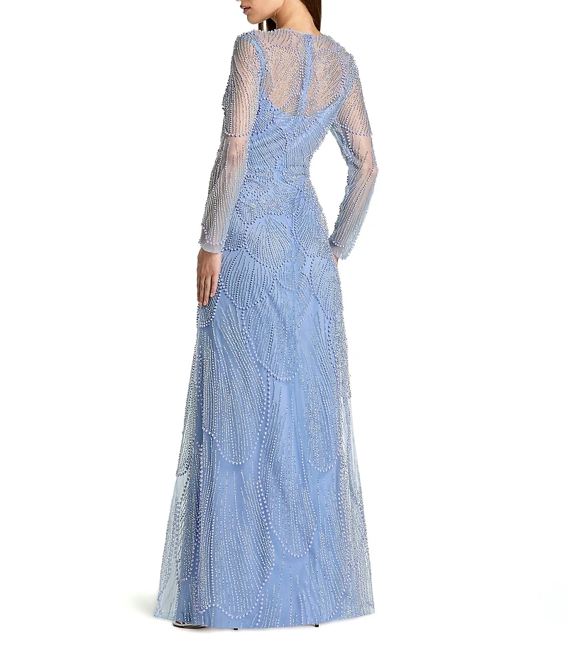 Mac Duggal Beaded Mesh High Neck Long Sleeve A Line Maxi Dress