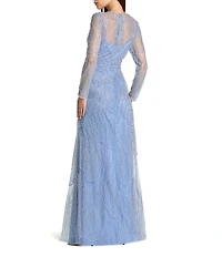 Mac Duggal Beaded Mesh High Neck Long Sleeve A Line Maxi Dress
