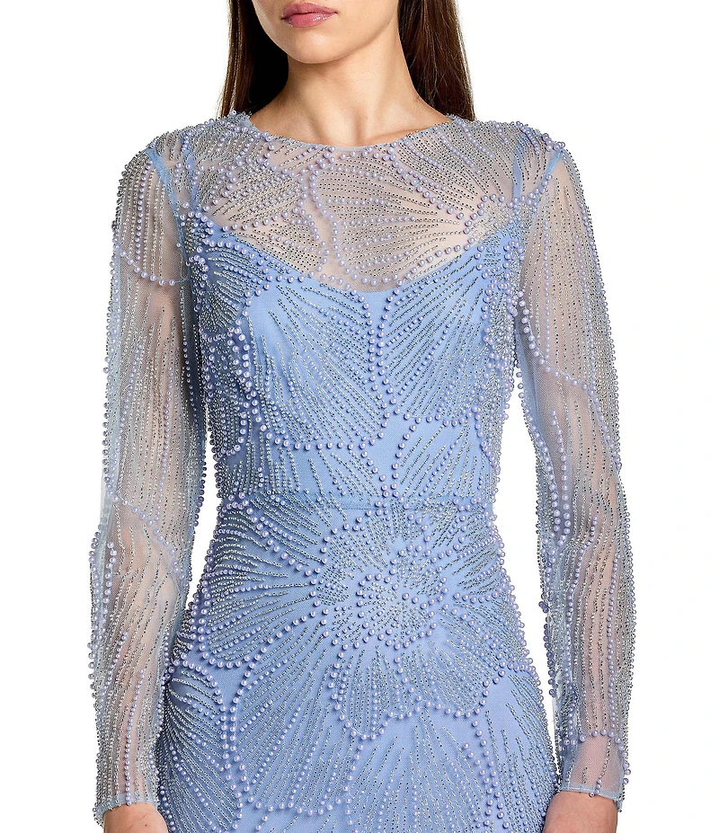 Mac Duggal Beaded Mesh High Neck Long Sleeve A Line Maxi Dress