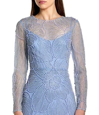 Mac Duggal Beaded Mesh High Neck Long Sleeve A Line Maxi Dress