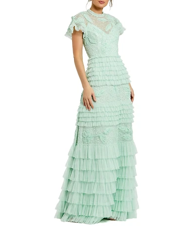 Mac Duggal Beaded Mesh High Neck Micro Ruffle Floral Overlay Column Gown