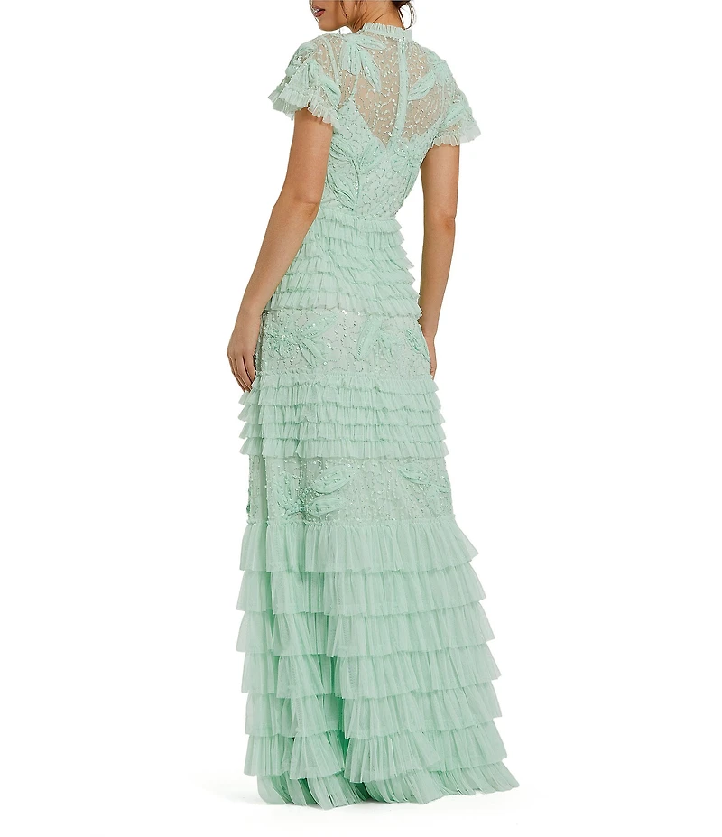 Mac Duggal Beaded Mesh High Neck Micro Ruffle Floral Overlay Column Gown