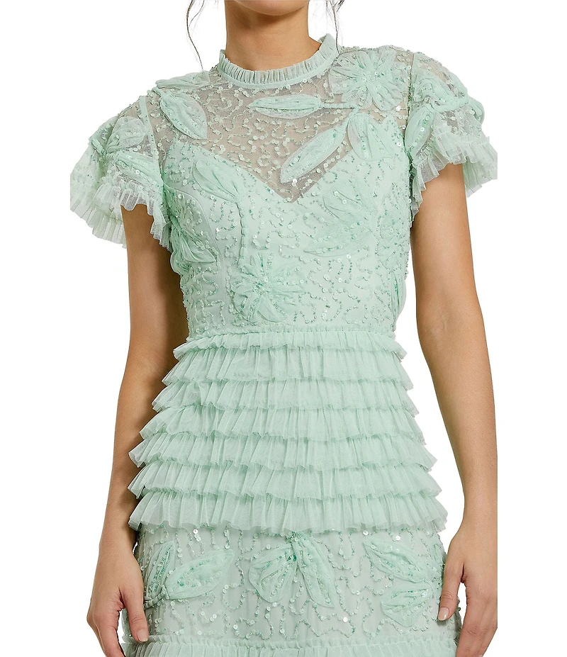 Mac Duggal Beaded Mesh High Neck Micro Ruffle Floral Overlay Column Gown