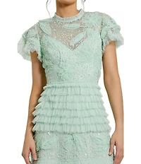 Mac Duggal Beaded Mesh High Neck Micro Ruffle Floral Overlay Column Gown