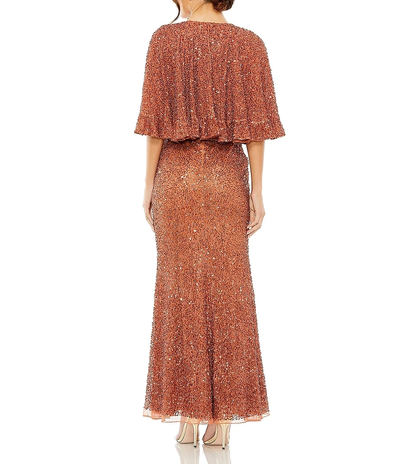 Mac Duggal Beaded Mesh High Neck Ruffle Cape Gown