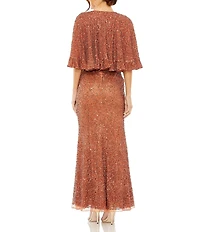 Mac Duggal Beaded Mesh High Neck Ruffle Cape Gown