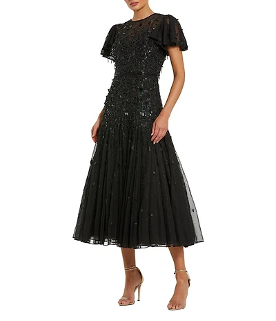 Mac Duggal Beaded Mesh High Neck Short Flutter Sleeve Fringe A-Line Dress