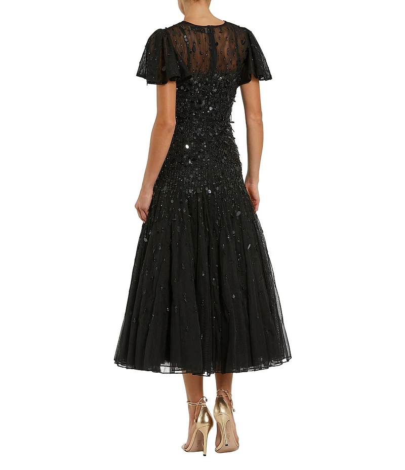 Mac Duggal Beaded Mesh High Neck Short Flutter Sleeve Fringe A-Line Dress