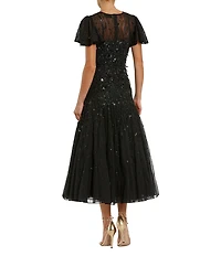 Mac Duggal Beaded Mesh High Neck Short Flutter Sleeve Fringe A-Line Dress
