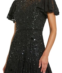 Mac Duggal Beaded Mesh High Neck Short Flutter Sleeve Fringe A-Line Dress