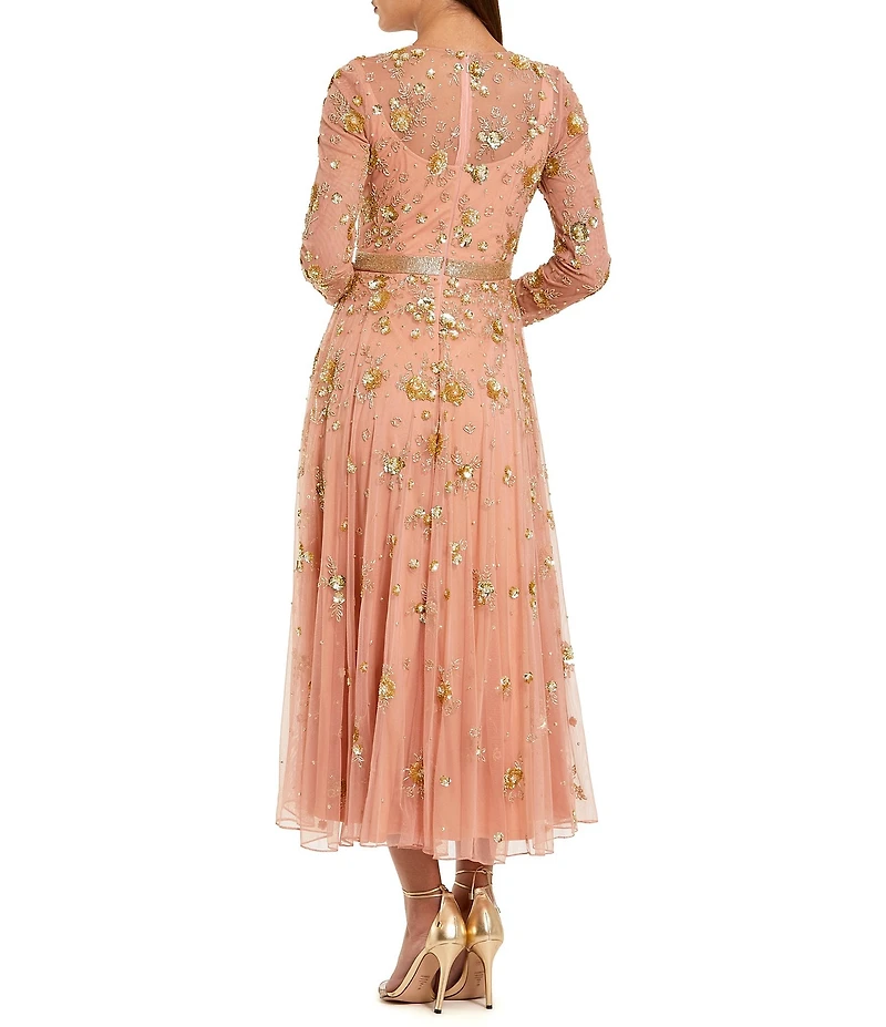 Mac Duggal Beaded Mesh Long Sleeve A Line Midi Dress