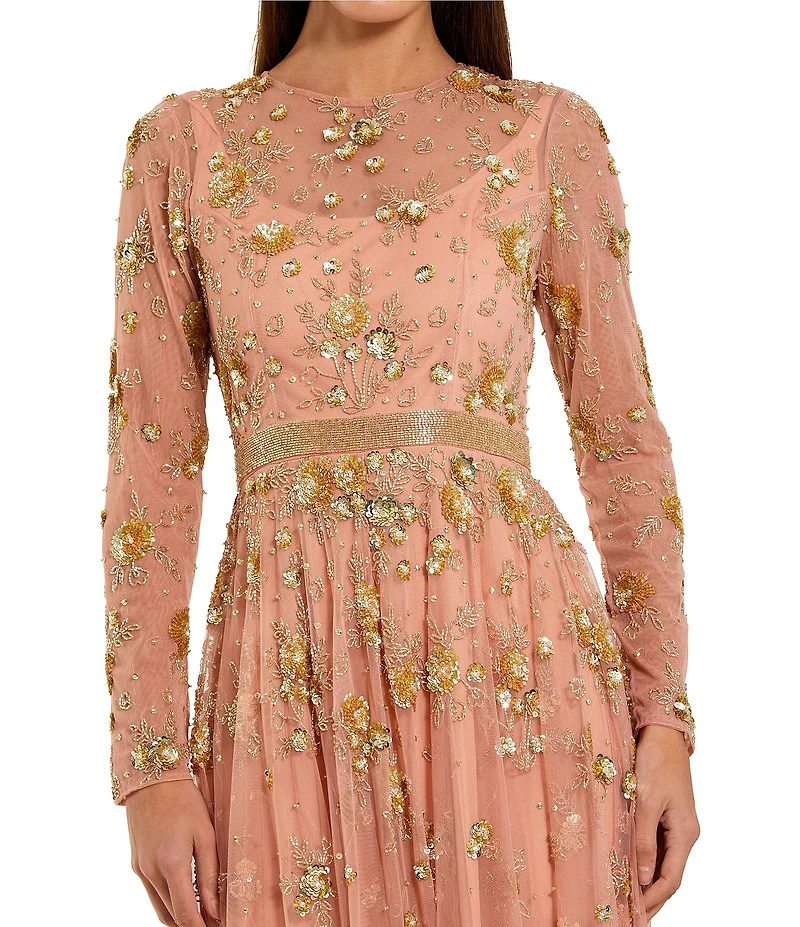 Mac Duggal Beaded Mesh Long Sleeve A Line Midi Dress