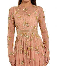 Mac Duggal Beaded Mesh Long Sleeve A Line Midi Dress