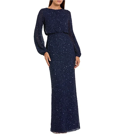 Mac Duggal Beaded Mesh Long Sleeve Blouson Gown