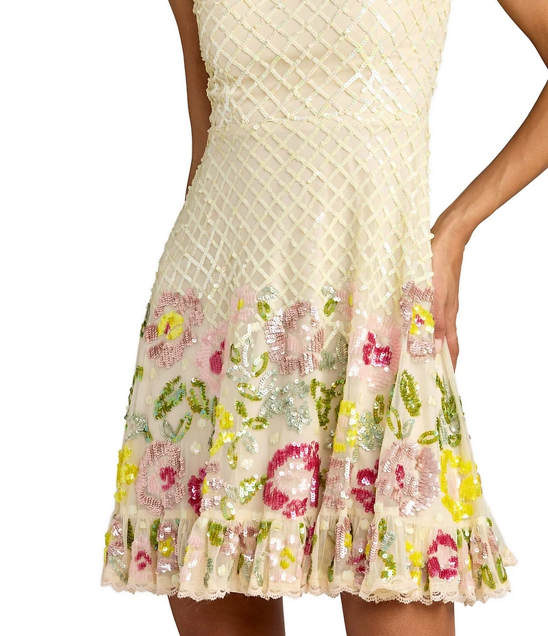Mac Duggal Beaded Mesh Sleeveless Square Neck Ruffle Dress