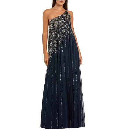 Mac Duggal Beaded One Shoulder Sleeveless Beaded Gown
