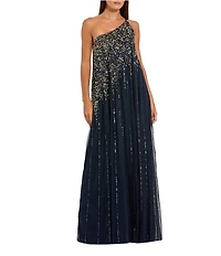 Mac Duggal Beaded One Shoulder Sleeveless Beaded Gown
