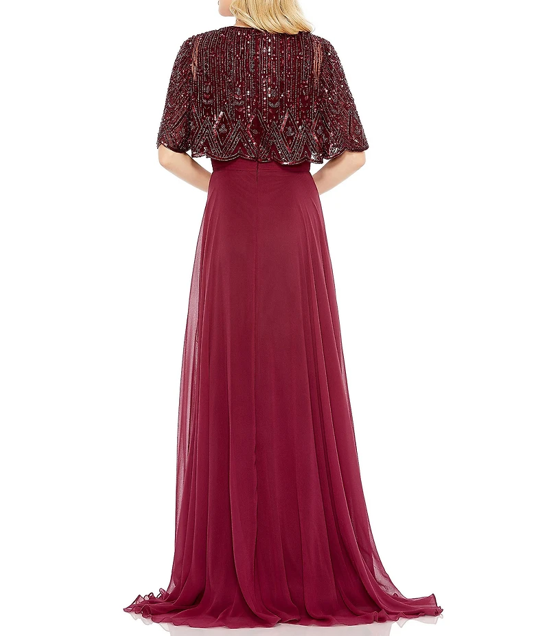 Mac Duggal Beaded Overlay Tulle Crew Neck A-Line Gown