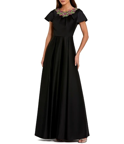 Mac Duggal Beaded Round Neck Short Sleeve Satin Aline Gown