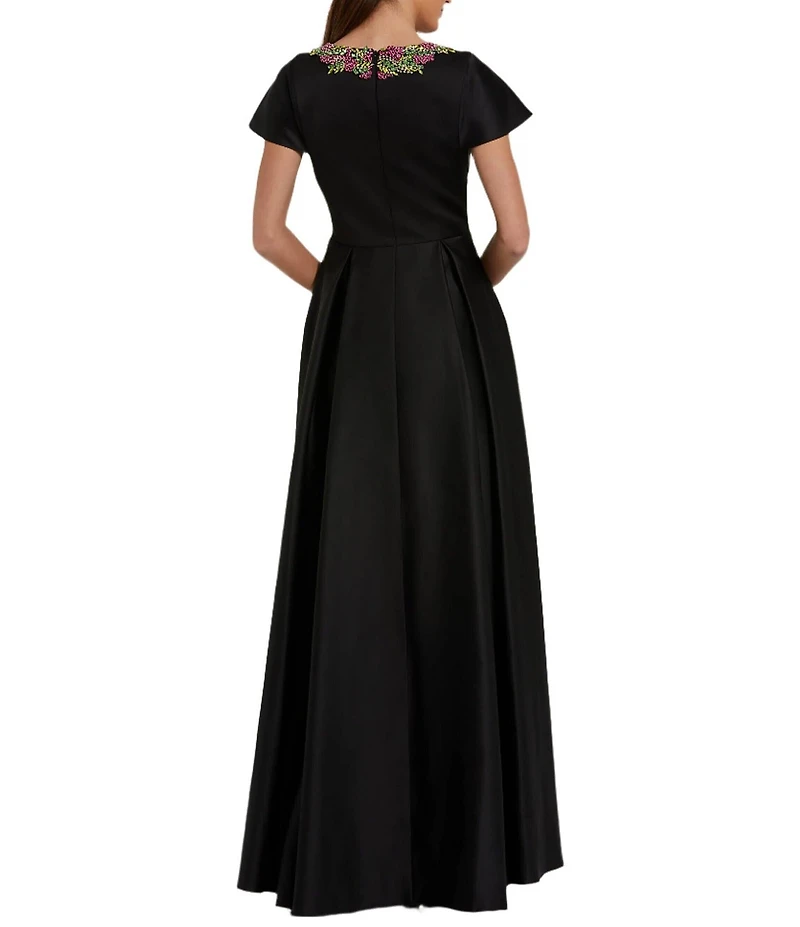 Mac Duggal Beaded Round Neck Short Sleeve Satin Aline Gown