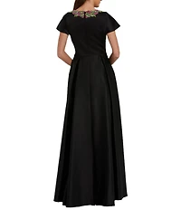 Mac Duggal Beaded Round Neck Short Sleeve Satin Aline Gown
