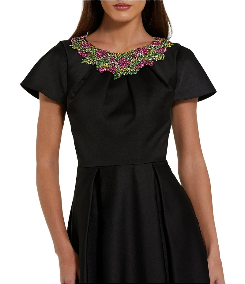 Mac Duggal Beaded Round Neck Short Sleeve Satin Aline Gown