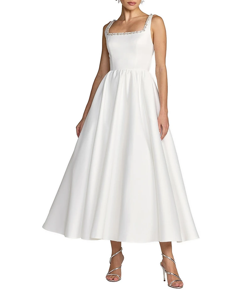 Mac Duggal Beaded Satin Sleeveless Midi Dress