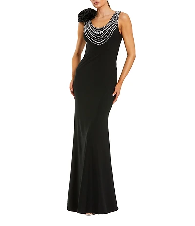 Mac Duggal Beaded Scoop Neck Jersey 3D Flower Gown