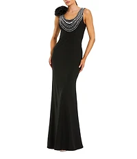 Mac Duggal Beaded Scoop Neck Jersey 3D Flower Gown
