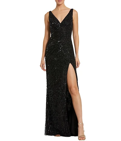Mac Duggal Beaded Sequin V-Neck Sleeveless Thigh High Side Slit Gown