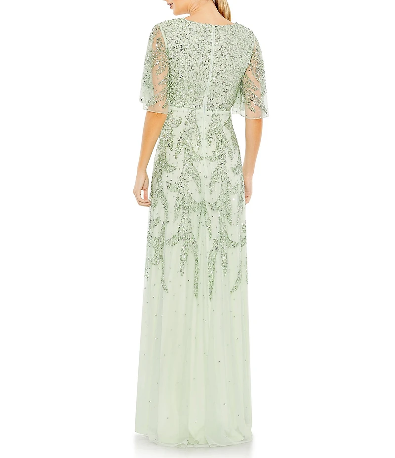Mac Duggal Beaded Short Flutter Sleeve Surplice V-Neck High-Low Faux Wrap Gown