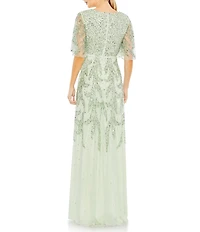 Mac Duggal Beaded Short Flutter Sleeve Surplice V-Neck High-Low Faux Wrap Gown